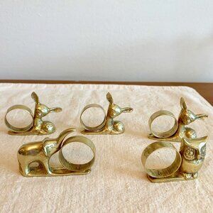 Set of 5 Vintage Unique Variety of Animals Brass Napkin Rings